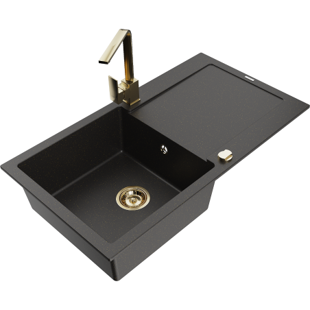 Mexen Leo Granite Kitchen Sink 1-bowl with Drainer and Rita Kitchen Tap, Black/Gold Metallic - 6501-75-670300-50