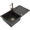 Mexen Leo granite kitchen sink 1-bowl with drainer and Rita kitchen faucet, black/gold metallic - 6501-75-670300-50