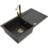 Mexen Leo granite sink 1-bowl with drainer and kitchen faucet Rita, black/gold metallic - 6501-75-670300-50