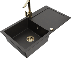 Mexen Leo granite kitchen sink 1-bowl with drainer and Rita kitchen faucet, black/gold metallic - 6501-75-670300-50