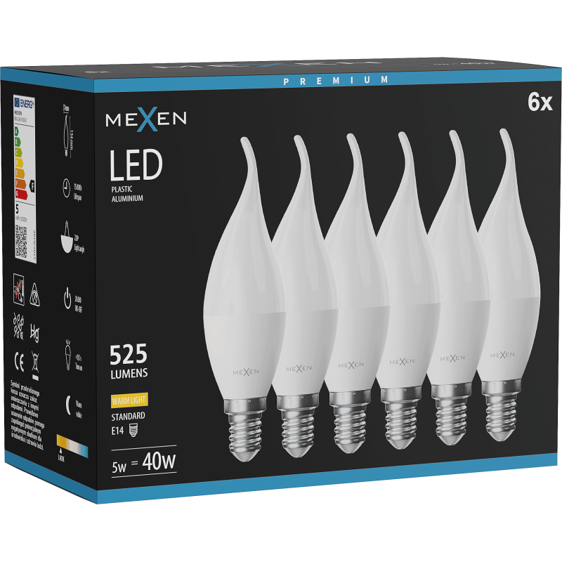 Mexen Nova 6x LED Bulb Flame E14, C37, 5W, Warm - 3000K, 525 lm - L106-E14-0530-01x06