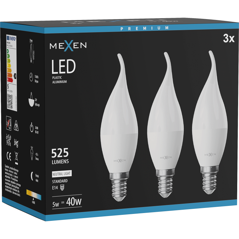 Mexen Nova 3x LED Bulb Flame E14, C37, 5W, Neutral - 4000K, 525 lm - L106-E14-0540-01x03