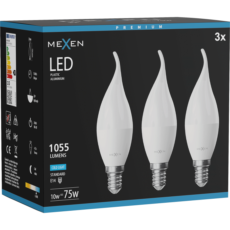 Mexen Nova 3x LED Bulb Flame E14, C37, 10W, Cold - 6500K, 1055 lm - L106-E14-1065-01x03