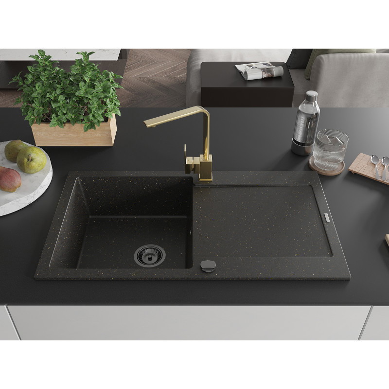 Mexen Leo granite kitchen sink 1-bowl with drainer and faucet Rita, black/gold metallic - 6501-75-670300-50-B