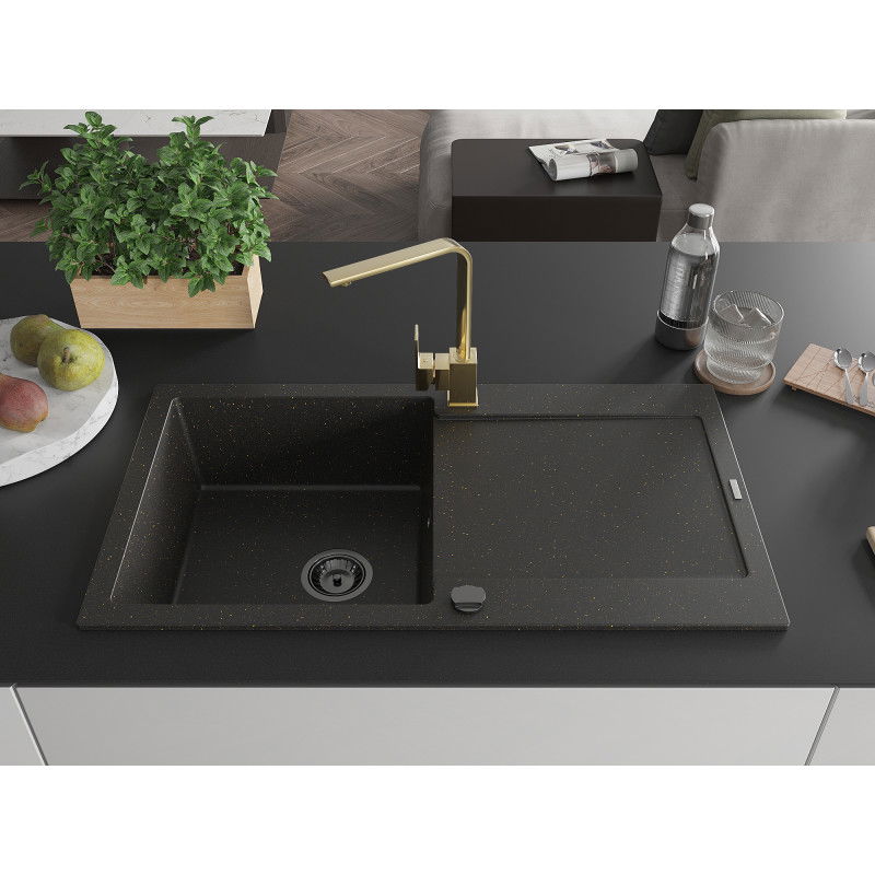 Mexen Leo granite kitchen sink 1-bowl with drainer and Rita kitchen tap, black/gold metallic - 6501-75-670300-50-B