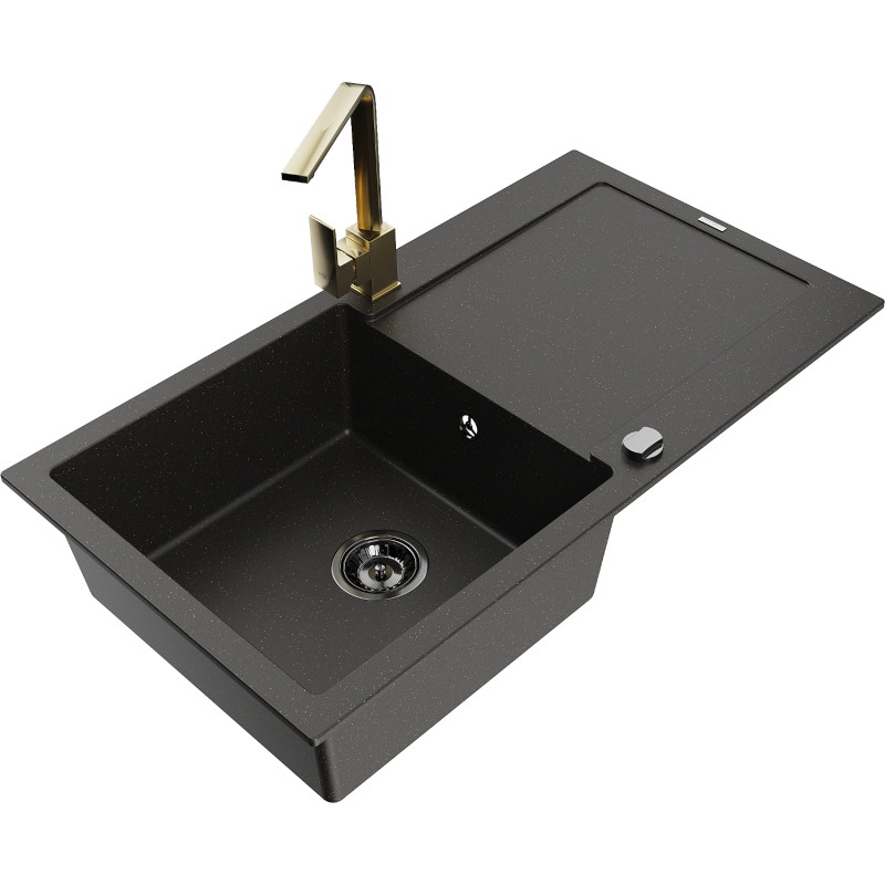 Mexen Leo 1-bowl granite sink with drainer and Rita kitchen faucet, black/gold metallic - 6501-75-670300-50-B