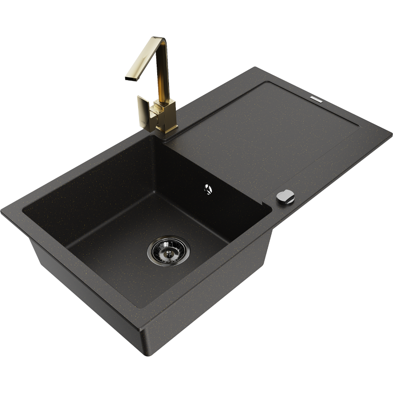 Mexen Leo granite kitchen sink 1-bowl with drainer and faucet Rita, black/gold metallic - 6501-75-670300-50-B