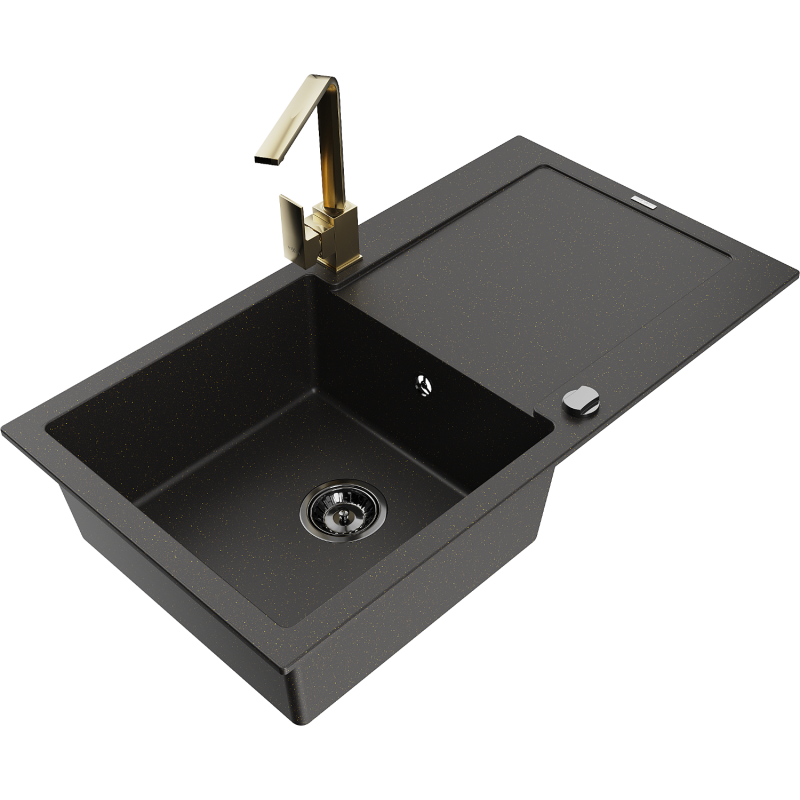 Mexen Leo granite kitchen sink 1-bowl with drainer and Rita kitchen tap, black/gold metallic - 6501-75-670300-50-B