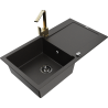 Mexen Leo 1-bowl granite sink with drainer and Rita kitchen faucet, black/gold metallic - 6501-75-670300-50-B
