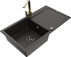 Mexen Leo granite kitchen sink 1-bowl with drainer and Rita kitchen tap, black/gold metallic - 6501-75-670300-50-B