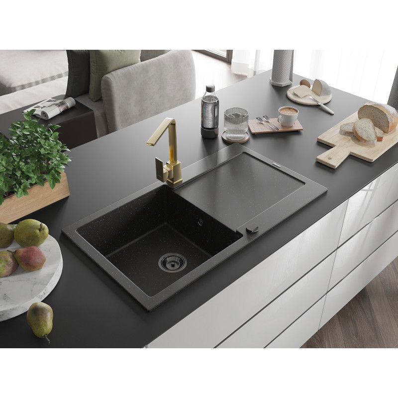 Mexen Leo granite kitchen sink 1-bowl with drainer and Rita kitchen tap, black/gold metallic - 6501-75-670300-50-B
