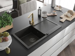Mexen Leo 1-bowl granite sink with drainer and Rita kitchen faucet, black/gold metallic - 6501-75-670300-50-B