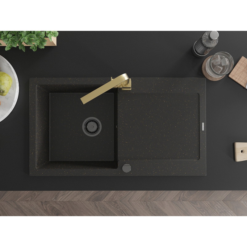 Mexen Leo 1-bowl granite sink with drainer and Rita kitchen faucet, black/gold metallic - 6501-75-670300-50-B