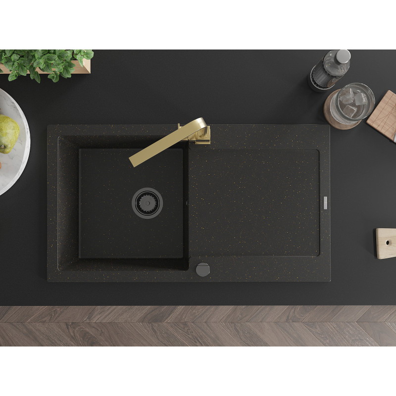 Mexen Leo granite kitchen sink 1-bowl with drainer and faucet Rita, black/gold metallic - 6501-75-670300-50-B