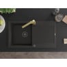 Mexen Leo granite kitchen sink 1-bowl with drainer and Rita kitchen tap, black/gold metallic - 6501-75-670300-50-B