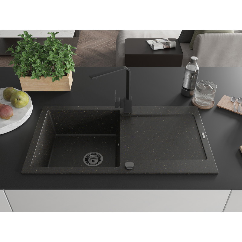Mexen Leo 1-bowl granite sink with drainer and Rita kitchen faucet, black/gold metallic - 6501-75-670300-70-B