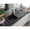 Mexen Leo 1-bowl granite sink with drainer and Rita kitchen faucet, black/gold metallic - 6501-75-670300-70-B