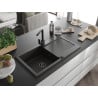 Mexen Leo 1-bowl granite sink with drainer and Rita kitchen tap, black/gold metallic - 6501-75-670300-70-B