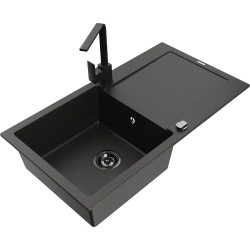 Mexen Leo 1-compartment granite sink with a drip tray and kitchen mixer tap Rita, Black/Gold metallic - 6501-75-670300-70-B