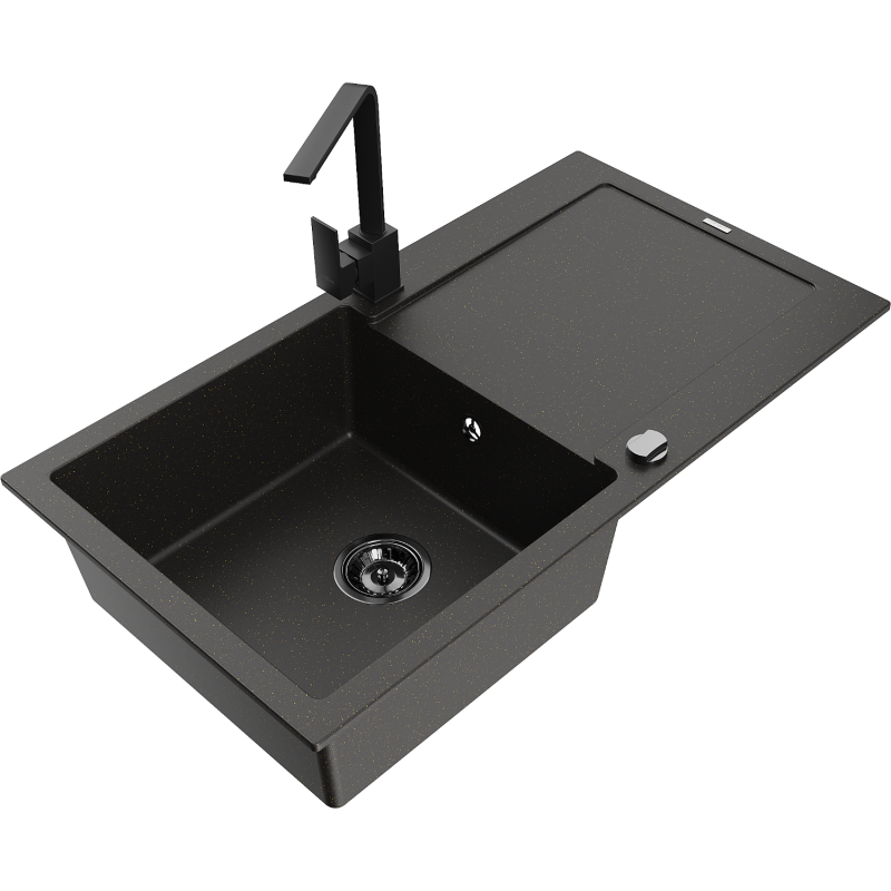 Mexen Leo 1-bowl granite sink with drainer and Rita kitchen faucet, black/gold metallic - 6501-75-670300-70-B
