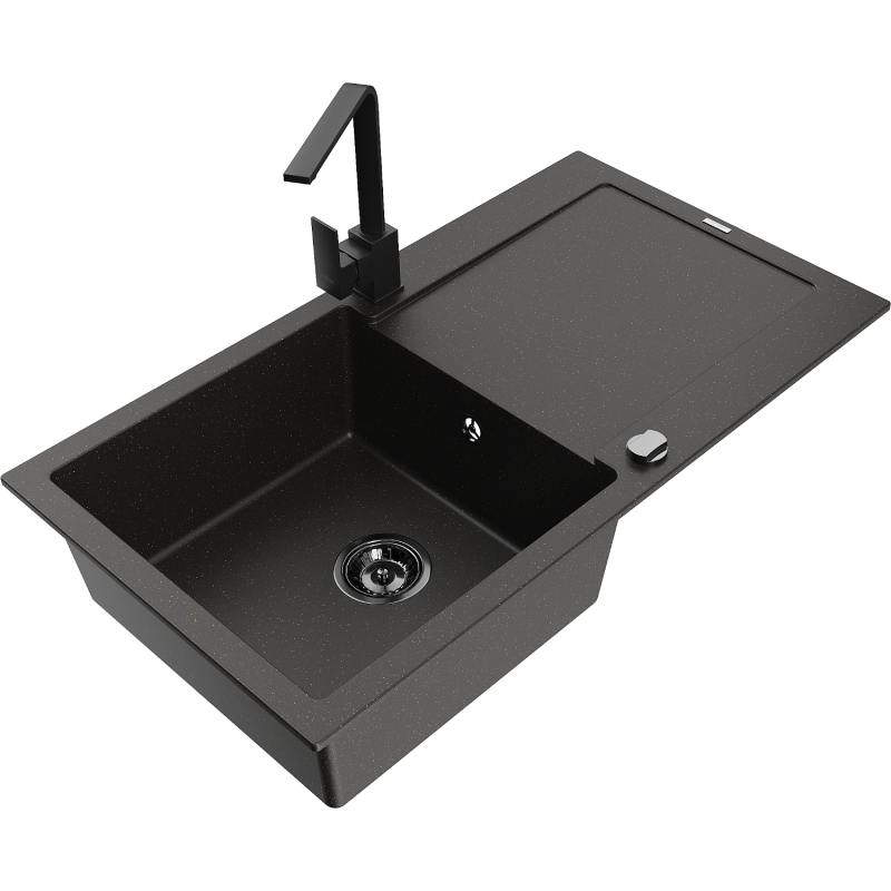 Mexen Leo 1-bowl granite sink with drainer and Rita kitchen tap, black/gold metallic - 6501-75-670300-70-B