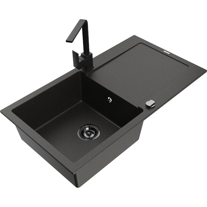 Mexen Leo granite kitchen sink 1-bowl with drainer and Rita kitchen faucet, black/gold metallic - 6501-75-670300-70-B