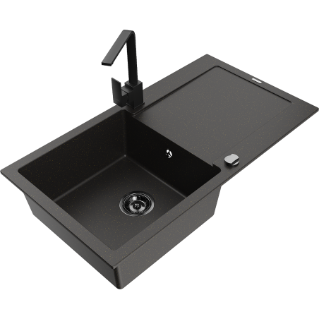 Mexen Leo 1-bowl granite sink with drainer and Rita kitchen faucet, black/gold metallic - 6501-75-670300-70-B