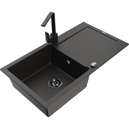 Mexen Leo 1-bowl granite sink with drainer and Rita kitchen tap, black/gold metallic - 6501-75-670300-70-B