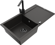 Mexen Leo granite kitchen sink 1-bowl with drainer and Rita kitchen faucet, black/gold metallic - 6501-75-670300-70-B