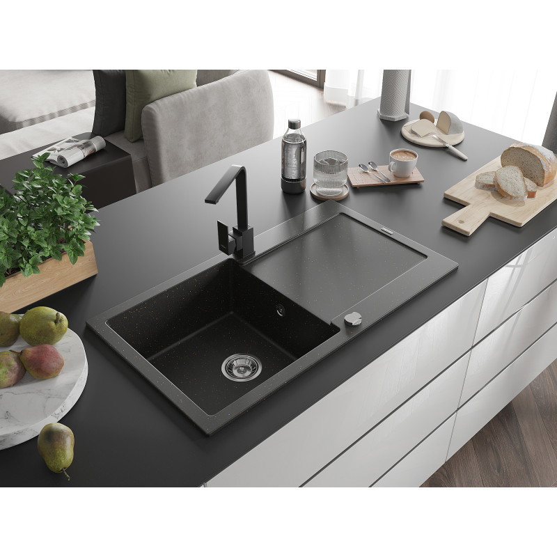Mexen Leo granite kitchen sink 1-bowl with drainer and kitchen faucet Rita, black/golden metallic - 6501-75-670300-70