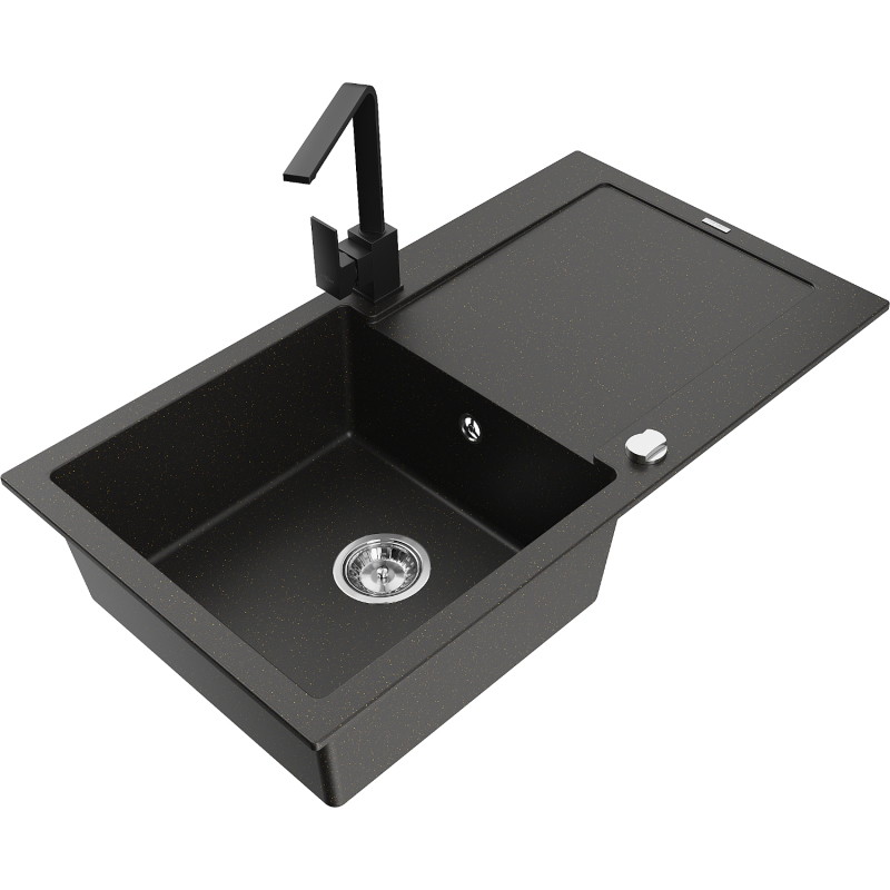 Mexen Leo 1-Bowl Granite Sink with Drainer and Kitchen Faucet Rita, Black/Gold Metallic - 6501-75-670300-70
