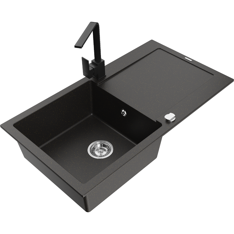 Mexen Leo granite kitchen sink 1-bowl with drainer and kitchen faucet Rita, black/golden metallic - 6501-75-670300-70