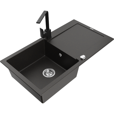Mexen Leo granite kitchen sink 1-bowl with drainer and kitchen faucet Rita, black/golden metallic - 6501-75-670300-70