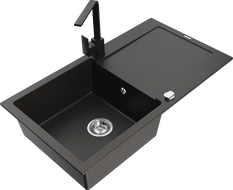 Mexen Leo granite kitchen sink 1-bowl with drainer and Rita kitchen tap, black/gold metallic - 6501-75-670300-70