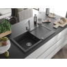 Mexen Leo granite sink single-bowl with drainer and kitchen faucet Rita, black speckled - 6501-76-670300-00