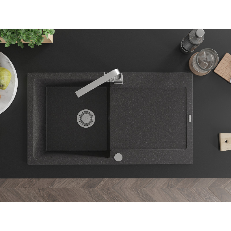Mexen Leo granite sink single-bowl with drainer and kitchen faucet Rita, black speckled - 6501-76-670300-00