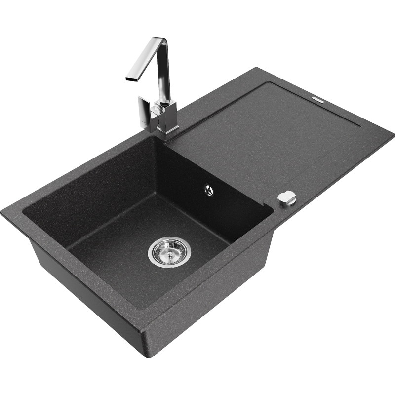 Mexen Leo granite kitchen sink 1-bowl with drainer and kitchen faucet Rita, black speckled - 6501-76-670300-00