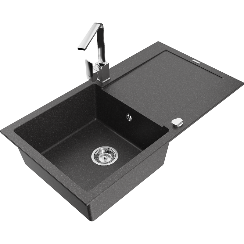 Mexen Leo granite sink single-bowl with drainer and kitchen faucet Rita, black speckled - 6501-76-670300-00