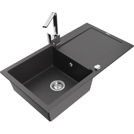 Mexen Leo granite sink single-bowl with drainer and kitchen faucet Rita, black speckled - 6501-76-670300-00