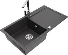 Mexen Leo granite kitchen sink 1-bowl with drainer and kitchen faucet Rita, black speckled - 6501-76-670300-00