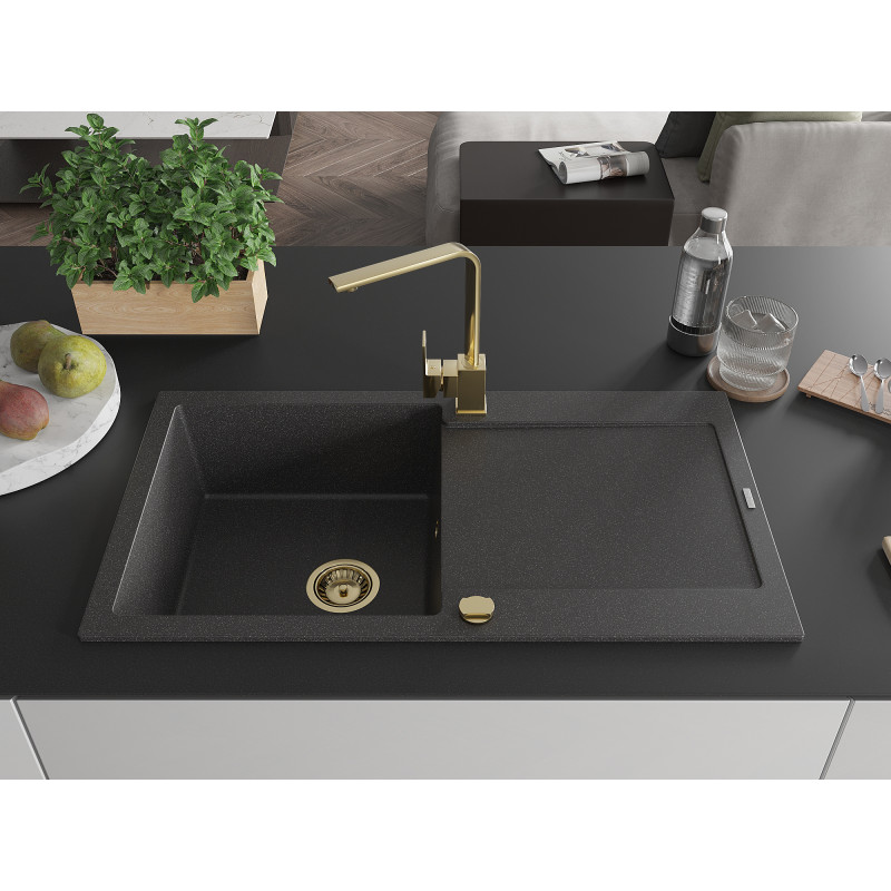 Mexen Leo granite sink 1-bowl with drainer and kitchen faucet Rita, black speckled - 6501-76-670300-50