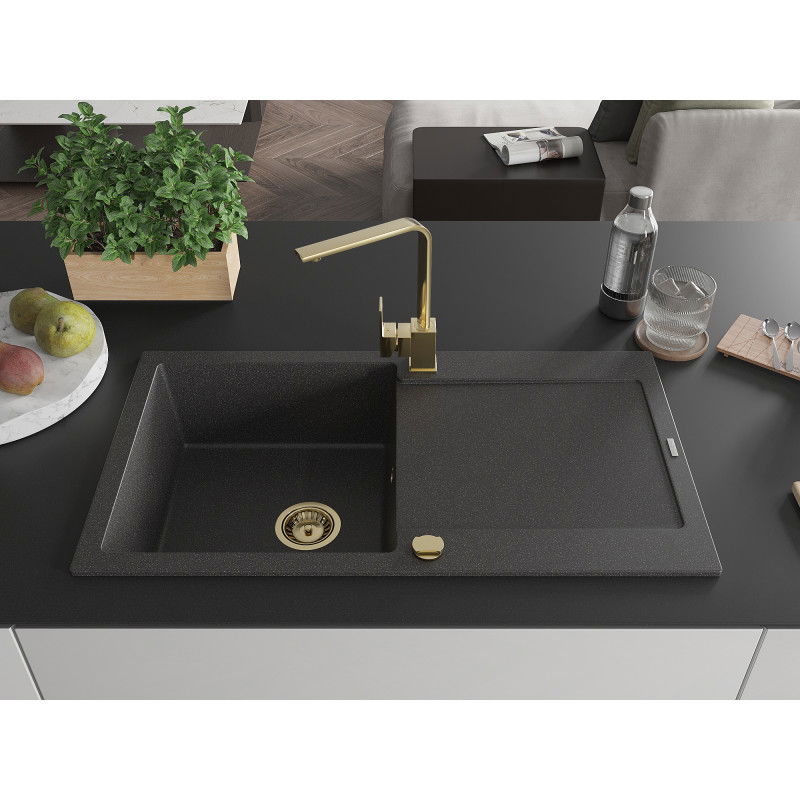 Mexen Leo granite sink 1-bowl with drainer and Rita kitchen tap, black speckled - 6501-76-670300-50