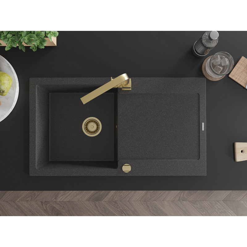Mexen Leo granite sink 1-bowl with drainer and kitchen faucet Rita, black speckled - 6501-76-670300-50