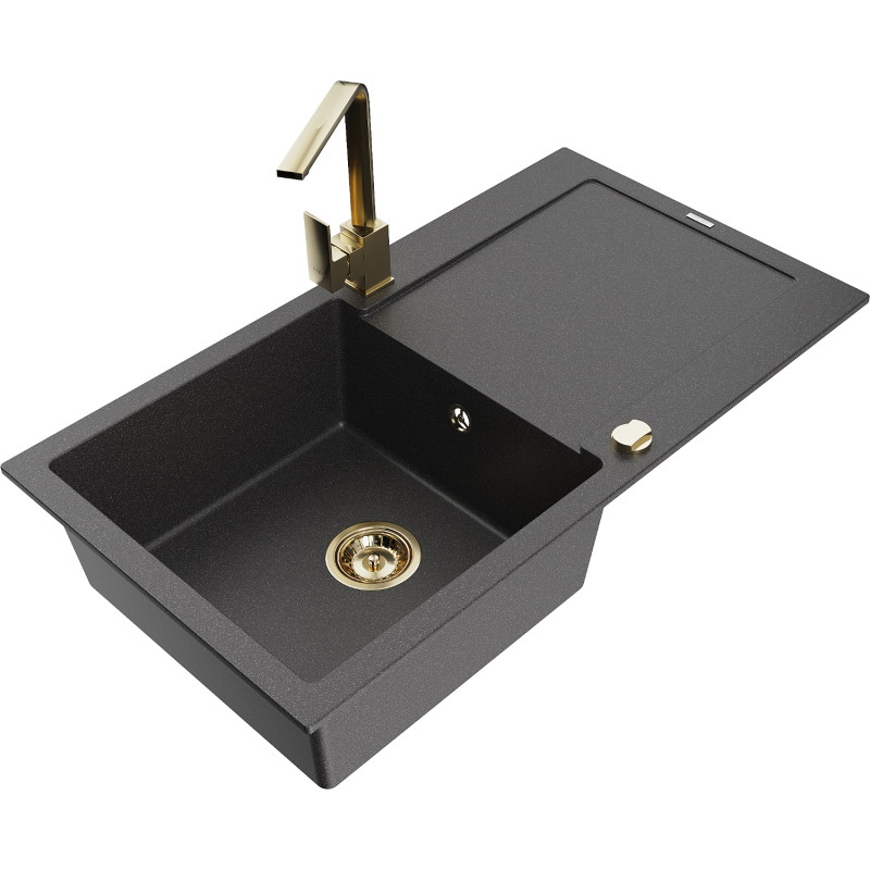 Mexen Leo 1-bowl granite sink with drainer and Rita kitchen faucet, black speckled - 6501-76-670300-50