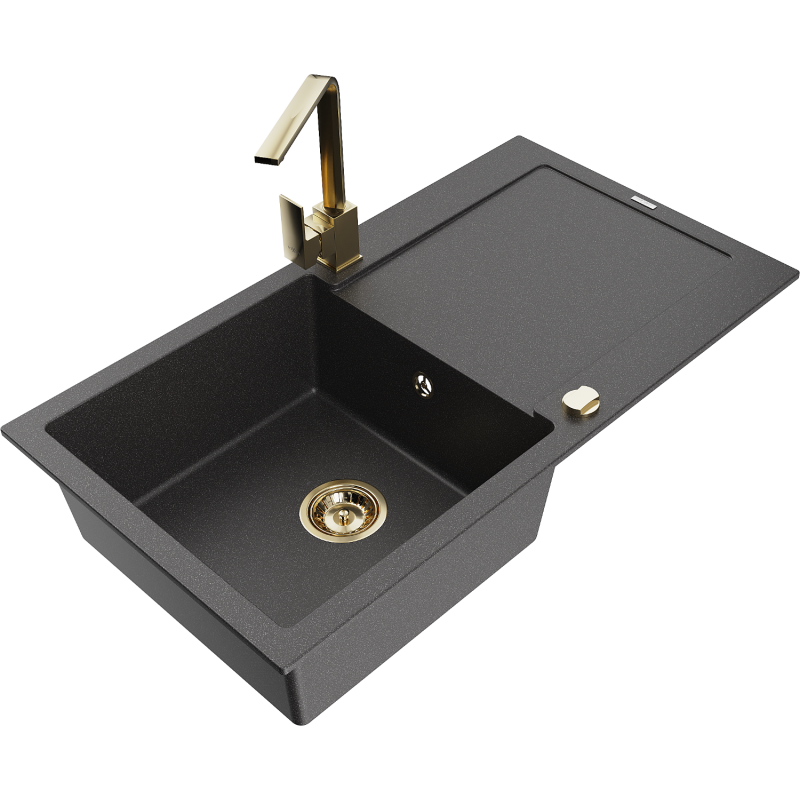 Mexen Leo granite sink 1-bowl with drainer and kitchen faucet Rita, black speckled - 6501-76-670300-50