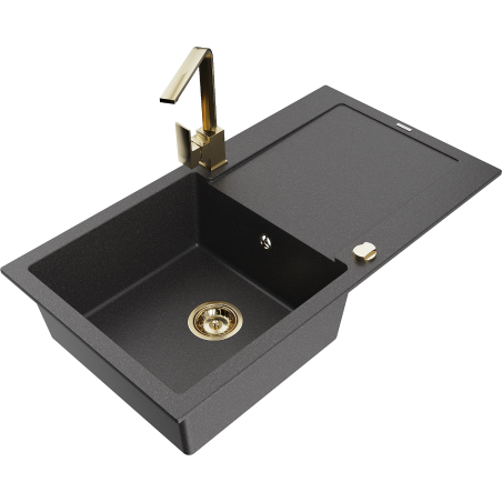Mexen Leo granite sink 1-bowl with drainer and kitchen faucet Rita, black speckled - 6501-76-670300-50