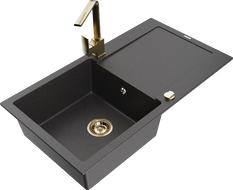 Mexen Leo granite sink 1-bowl with drainer and Rita kitchen tap, black speckled - 6501-76-670300-50