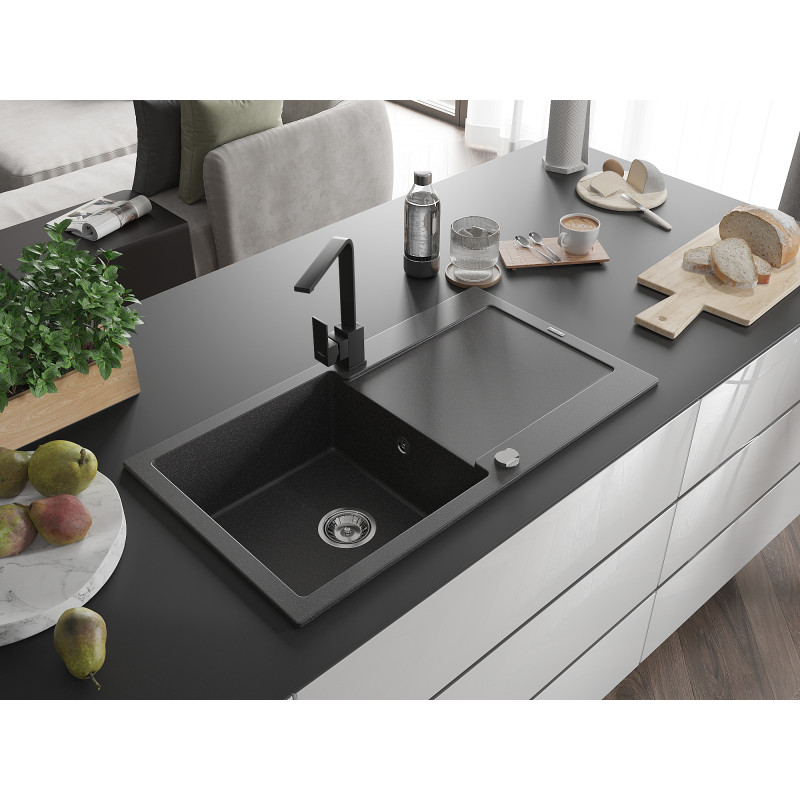Mexen Leo granite kitchen sink 1-bowl with drainer and Rita kitchen faucet, black speckled - 6501-76-670300-70