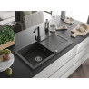 Mexen Leo granite kitchen sink 1-bowl with drainer and Rita kitchen faucet, black speckled - 6501-76-670300-70