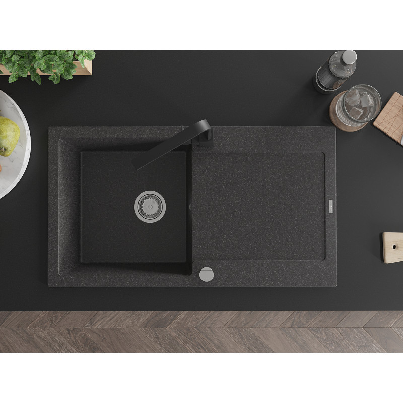 Mexen Leo granite kitchen sink 1-bowl with drainer and Rita kitchen faucet, black speckled - 6501-76-670300-70